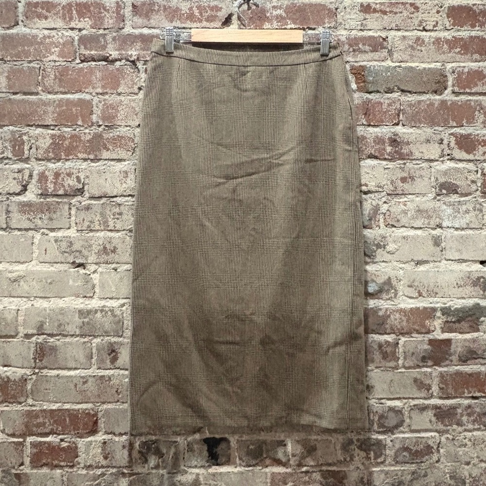 Weekend Max Mara Plaid Knee Length Skirt Women's Size 10 Brown Button Slit - Picture 2 of 5